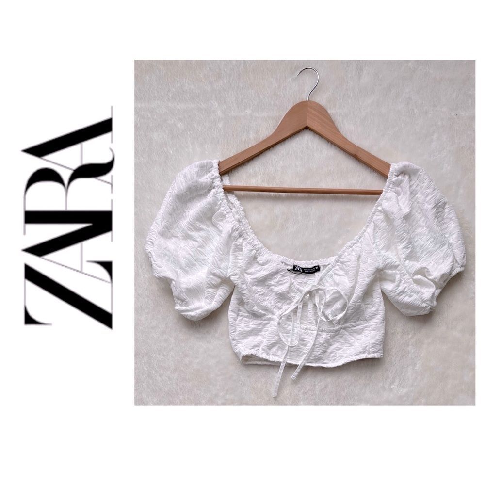 NWT Zara White V-Neckline Textured Tie Front Puff Short Sleeve Crop Top, Small